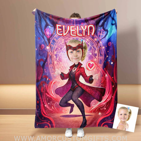 Blankets Personalized Witch Girl Wanda 4 Photo Blanket | Custom Face & Name Blanket For Girls
