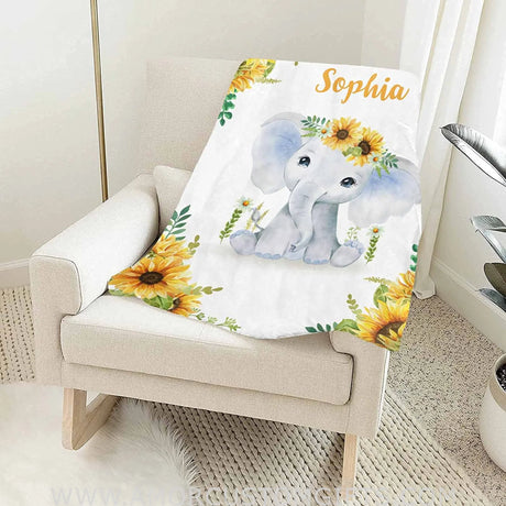 Blankets Baby Blankets with Name Sunflower Elephant, Customized Blankets for Newborn Baby, for Boys & Girls