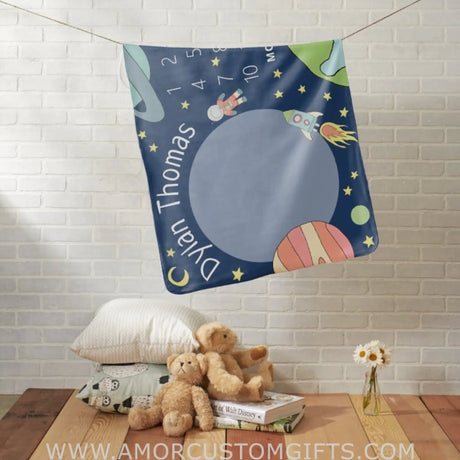 Blankets USA MADE Boys Cute Space Rocket Ship and Name Milestone Baby Blanket