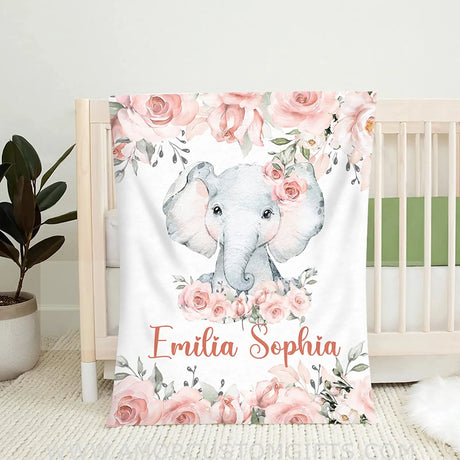 Blankets Custom Baby Blanket, Baby Girl Blanket, Violet Elephant Pink Blanket, Cute Unique Gift for Baby Shower