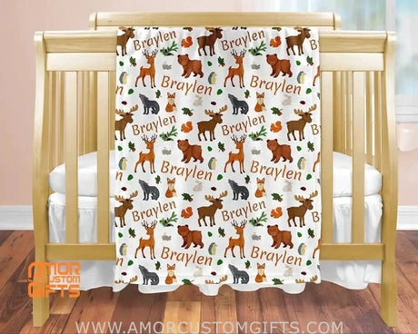 Blankets USA MADE Personalized Baby Blankets for Girls & Boys, Woodland Animals Fox, Deer, Moose, Bear - Custom Blankets for Baby Shower