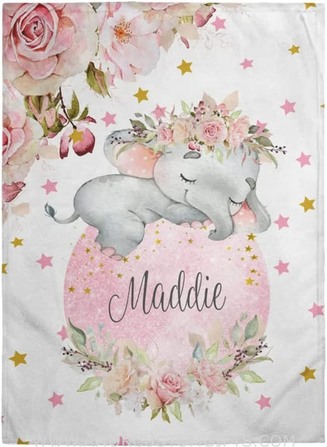 Blankets Personalized Baby Blankets for Girls, Baby Girl Gift, Custom Baby Blanket with Name, Floral Watercolor Elephant Blanket