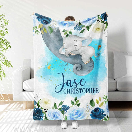 Blankets Personalized Baby Elephant Blue Watercolor Animals Name Blanket, Elephant Blue Watercolor Baby Blanket, Custom Name Blanket