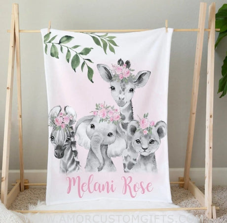Blankets USA MADE Personalized Baby Girl Blanket, Pink Floral Safari Animals Baby Blanket, Girl Name Blanket Custom Baby Blanket Newborn Baby Gift