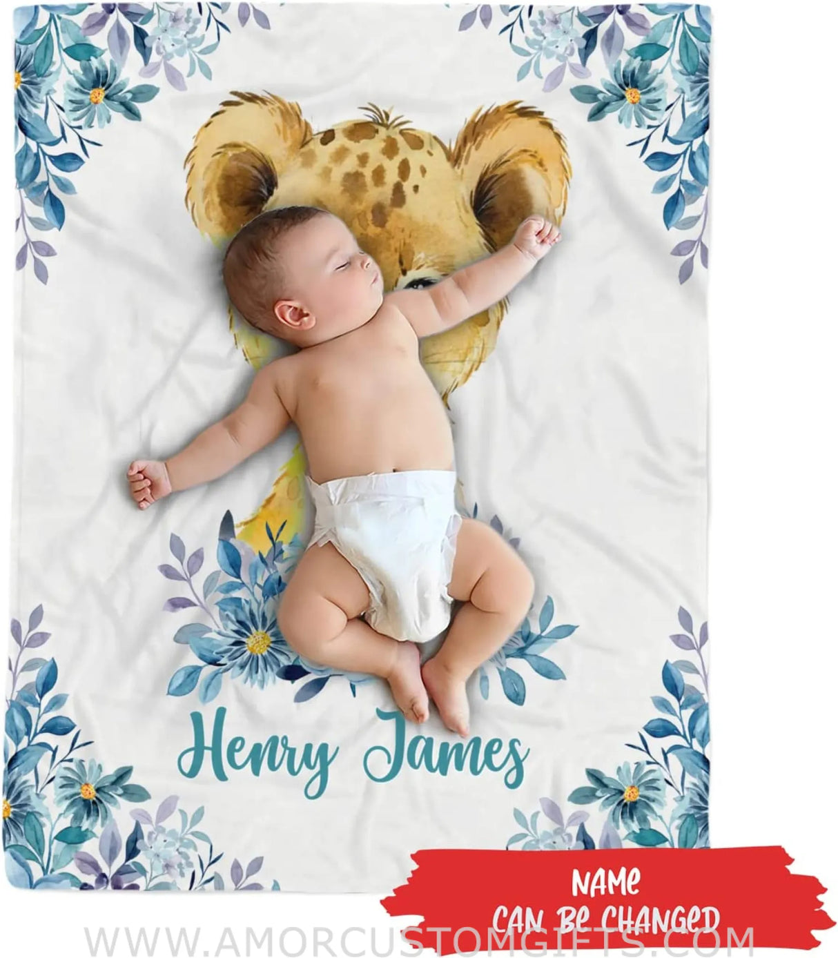 Blankets Personalized Blue Flower Baby Lion Blanket,Lion Baby Blanket, Lion Lovey Blanket, Baby Boy Blanket, Safari Baby Blanket