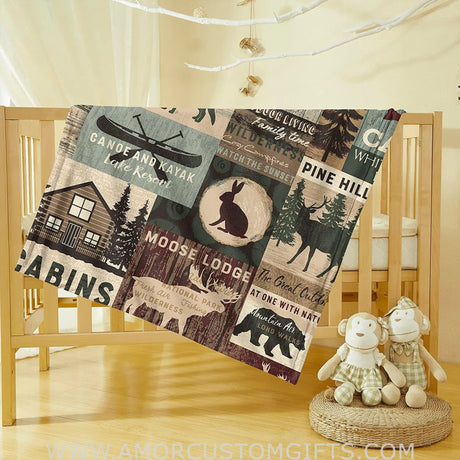 Blankets Personalized Camo Moose Deer and Bear, Rabbit, Wolf Woodland Theme Minky Dot Baby Blanket