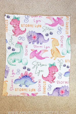 Blankets USA MADE Personalized Dinosaur Blanket, Girl Dinosaur Baby Blanket, Baby Name Blanket, Baby Girl Blanket, Baby Shower Gift