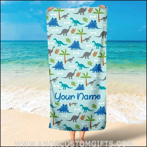 Towels USA MADE Personalized Dinosaur Cute Beach Towel, Custom Name Dinosaur Kid Towel, Gift for Boy and Girl