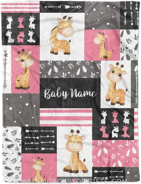 Blankets USA MADE Personalized Giraffe Woodland Baby Blanket | Custom Name Giraffe Pink Gray Kids Blanket Woodland Nursery Theme