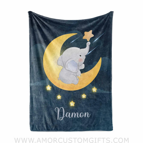 Blankets Personalized Name Baby Elephant Moon Navy Girl Boy Blanket