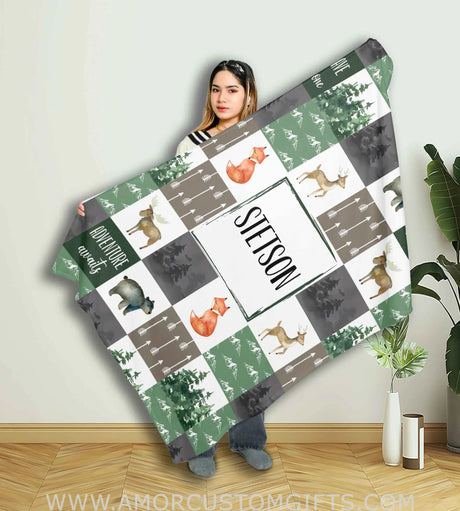 Blankets Personalized Name Baby Name Woodland Fox Green Patchwork Girl Boy Blanket