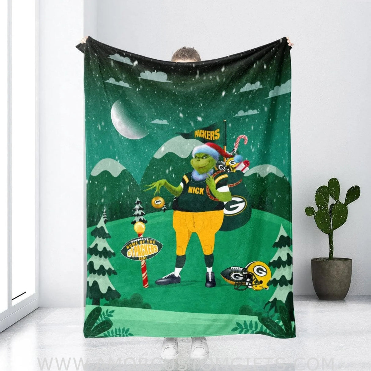 Blankets Personalized Name Grinch Santa NFL Green Bay Packers Christmas Blanket