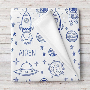 Blankets Personalized Outer Space Baby Blanket, White with Blue Print