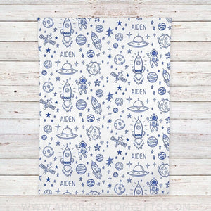 Blankets Personalized Outer Space Baby Blanket, White with Blue Print
