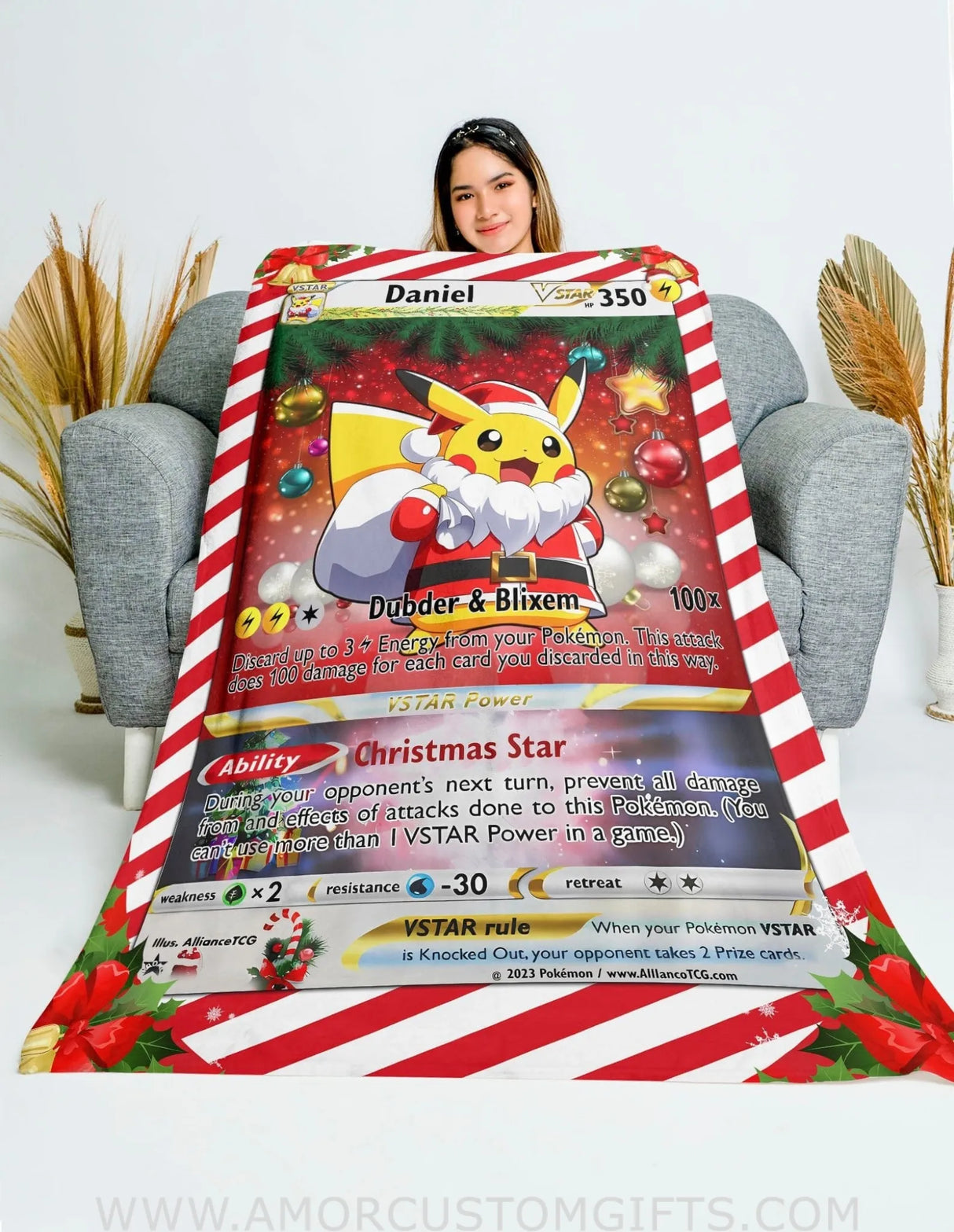 Blankets USA MADE Personalized PK Blankets, Custom Name Christmas Santa's Pikachu Vstar Christmas Blanket, Anime Manga Gamer Throw