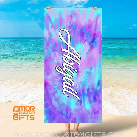 Towels USA MADE Personalized Tie Dye Beach Towel, Best Gift for Men Women in Summer, Custom Name Beach Towel