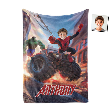 Personalized Face & Name Spider Boy And Green Monster Superhero Boy Blanket