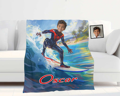 Personalized Face & Name Superhero Black Spider Boy Spidey Summer Surfing Boy Blanket