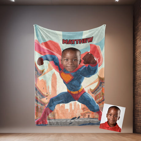 Personalized Face & Name Super Boy Japanese Boy City Blanket