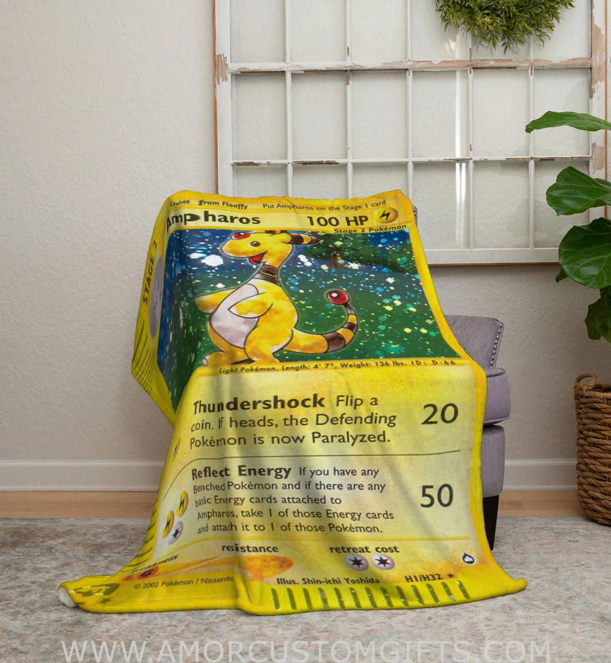 Ampharos E-Card Series Sherpa Blanket | Custom Pk Trading Card Personalize Anime Fan Gift