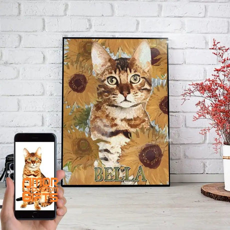Posters, Prints, & Visual Artwork Cat Sunflower Painting Personalized Pet Poster Canvas Print | Personalized Dog Cat Prints | Magazine Covers | Custom Pet Portrait from Photo | Personalized Gifts for Cat Mom or Dad, Pet Memorial Gift