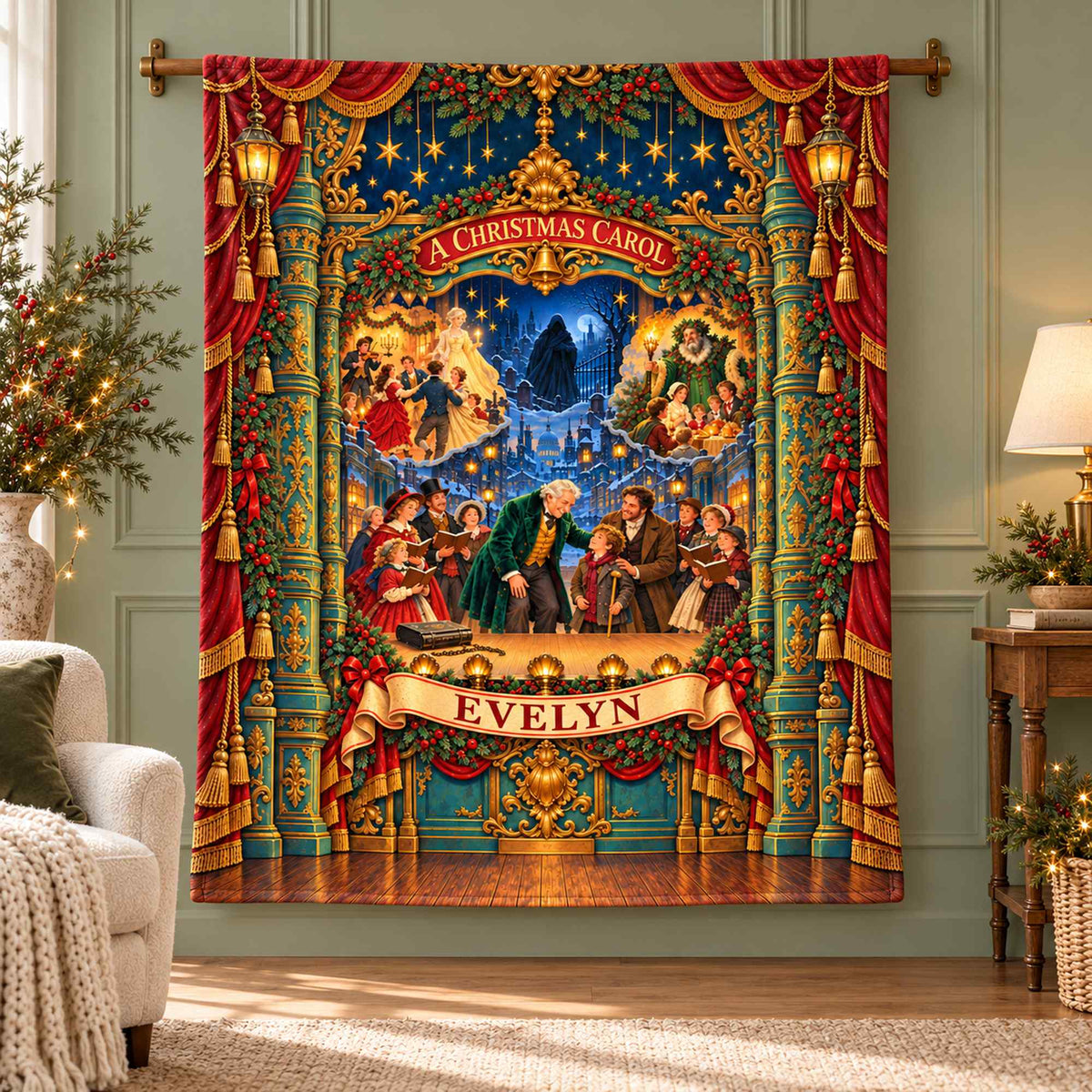 Personalized Christmas Carol Theatre Blanket - Custom Name Victorian Stage Fleece Throw, Dickens Scrooge Gift for Theater Lovers