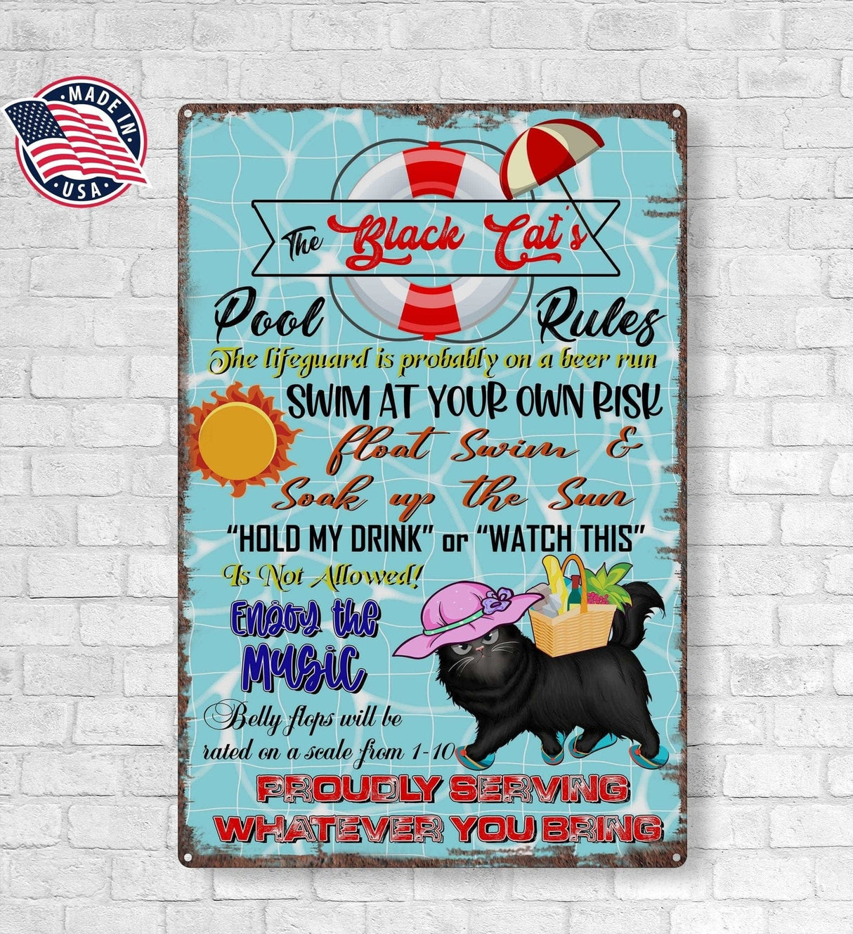 Metal Tin Signs Custom Black Cat Pool Rule Metal Tin Sign | Personalized Float Swim And Soak Up The Sun