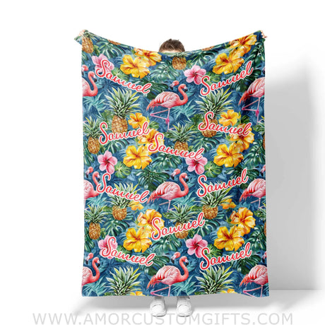 Blankets Custom Embroidered Flamingo Tropical Hawaii Flower Blanket