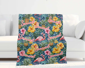 Blankets Custom Embroidered Flamingo Tropical Hawaii Flower Blanket