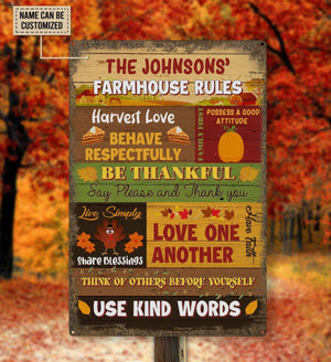 Metal Tin Signs Custom Farmhouse Rules Metal Tin Sign | Personalized Thanksgiving Metal Sign