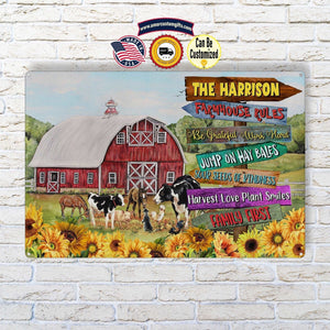 Metal Tin Signs Custom Farmhouse Rules Sunflower Family First Metal Tin Sign | Personalized Farmhouse Metal Sign