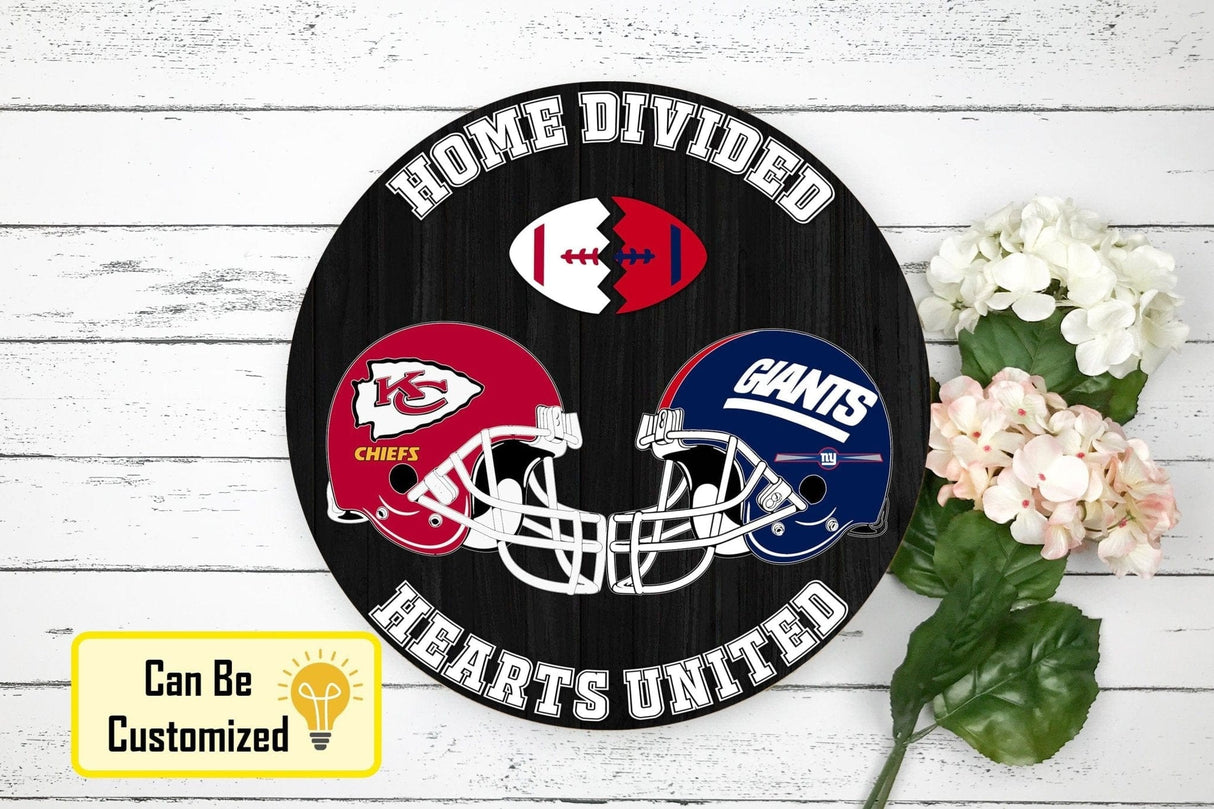 Home & Garden Custom Football Home Divided Hearts United Wooden Door Sign - Choose Your Team Personalized Football Lovers Round Door Sign