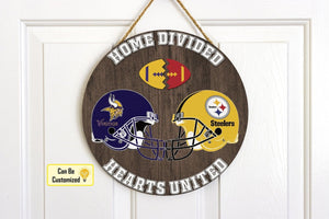 Home & Garden Custom Football Home Divided Hearts United Wooden Door Sign - Choose Your Team Personalized Football Lovers Round Door Sign