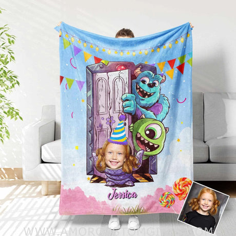 Blankets Custom Face & Name Monster Birthday Girl Blanket