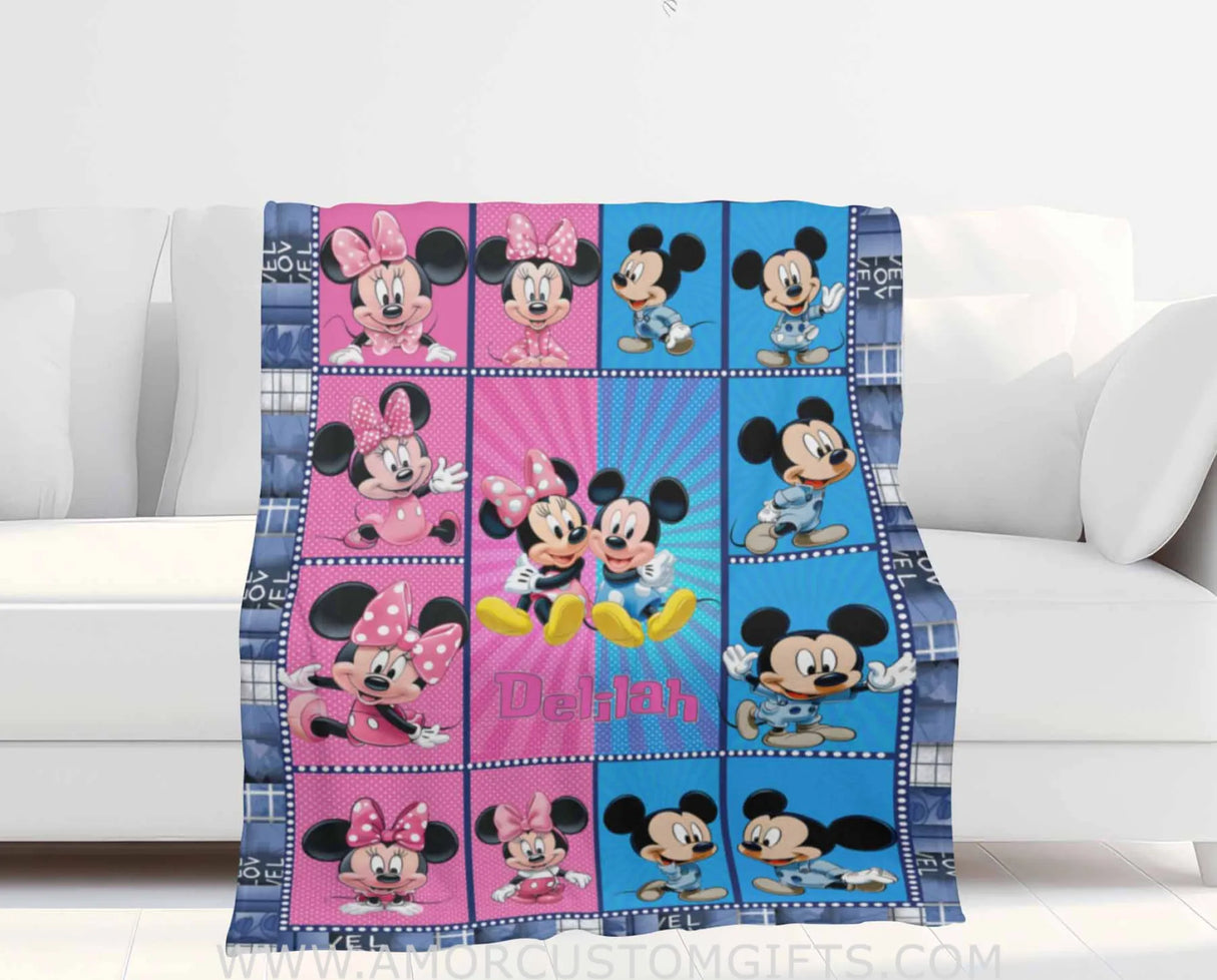 Custom Name Mickey Mini Cartoon Mouse Blue Pink Blanket
