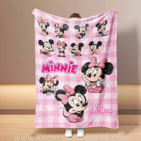 Custom Name Mini Cartoon Mouse Pink Plaid Blanket