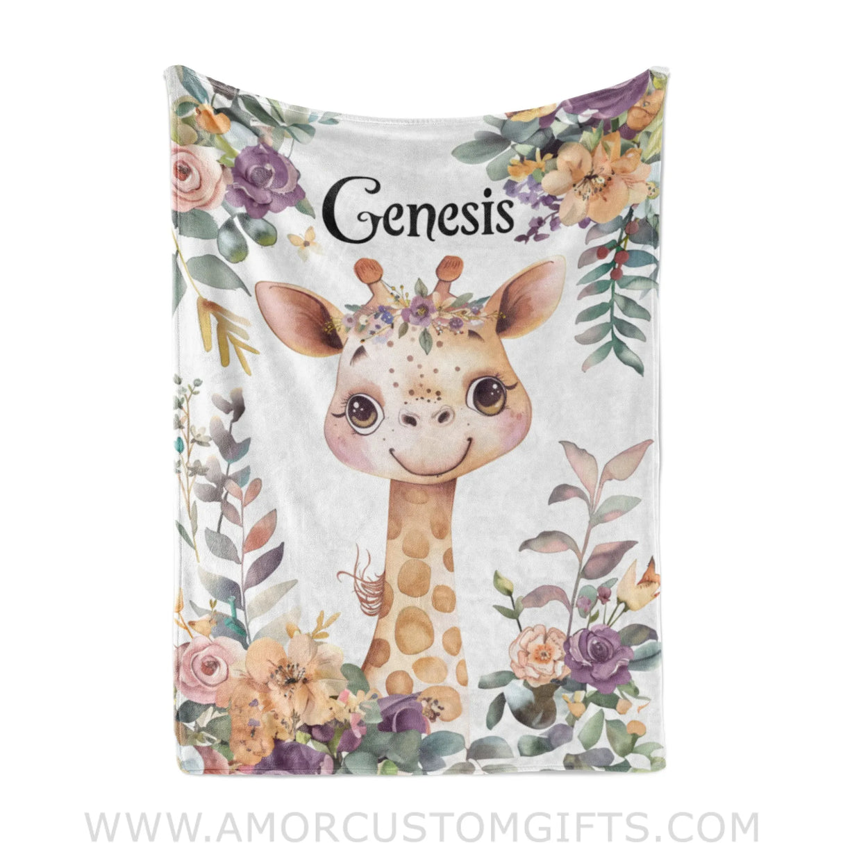 Custom Name Safari Giraffe Flower Wildlife Girl Blanket