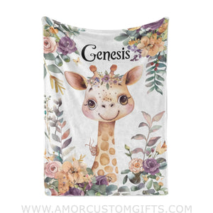 Custom Name Safari Giraffe Flower Wildlife Girl Blanket