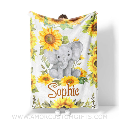 Custom Name Safari Sunflower Elephant Blanket