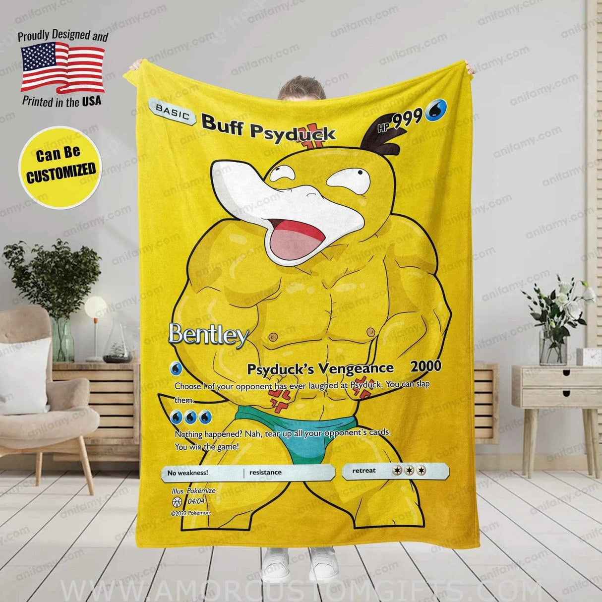 Blankets Custom PK Buff PsyDuck Vmax First Edition Blanket | Personalized Pokemon Card Blanket Throw
