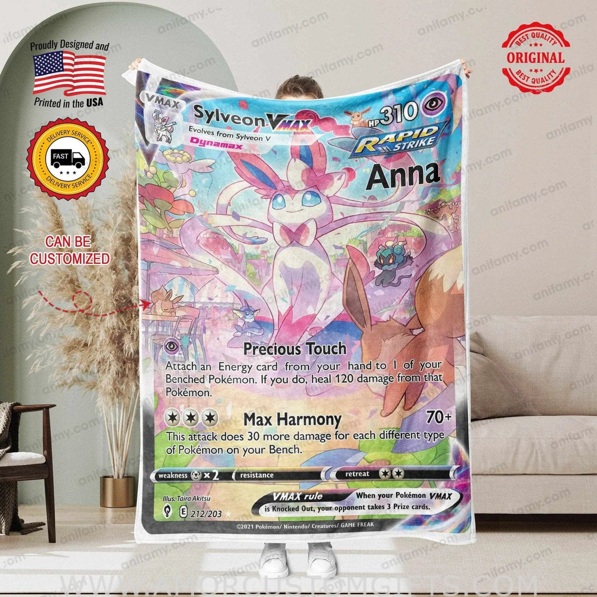 Blankets Custom PK Card Sylveon Vmax Blanket | Personalized Pokemon Card Blanket Throw