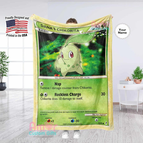 Blankets Custom PK Chikorita Blanket | Personalized Pokemon Card Blanket Throw