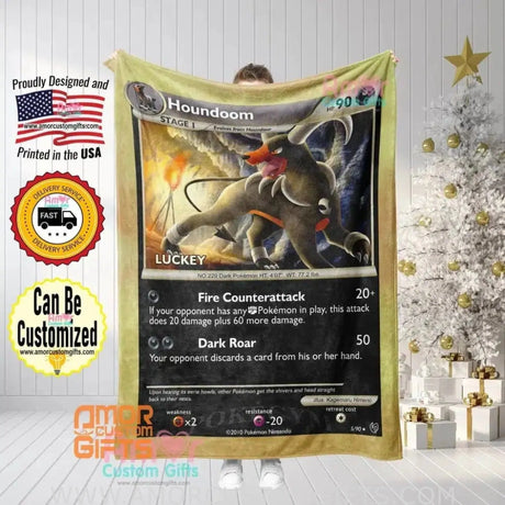 Blankets Custom PK Go Houndoom Blanket | Personalized Pokemon Card Blanket Throw