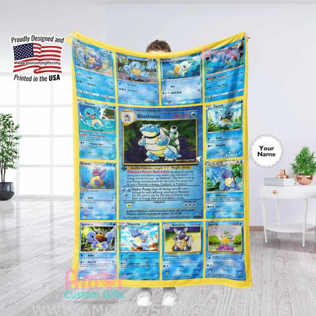 Blankets Custom PK Squirtle Evolutions Blanket | Personalized Anime Manga Game Lover Collection Card Blanket Throw