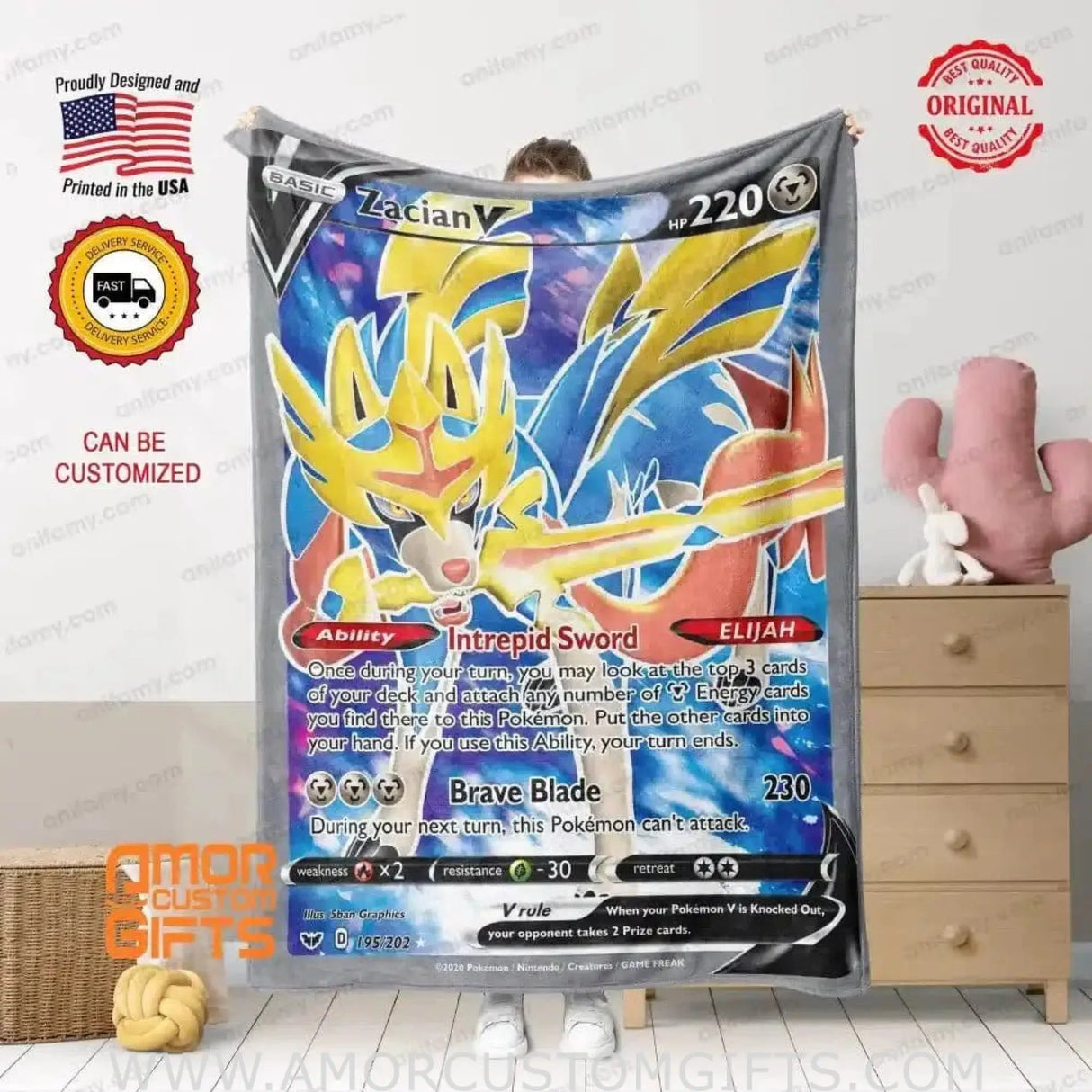 Blankets Custom PK Zacian Blanket | Personalized Anime Manga Game Lover Collection Card Blanket Throw