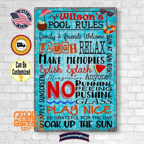 Metal Tin Signs Custom Pool Rules Metal Tin Sign | Personalized Lauch Relax Play Nice