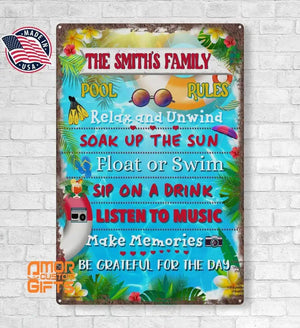 Metal Tin Signs Custom Pool Rules Metal Tin Sign | Personalized Swim Or Float Listen To Music Be Grateful For The Day
