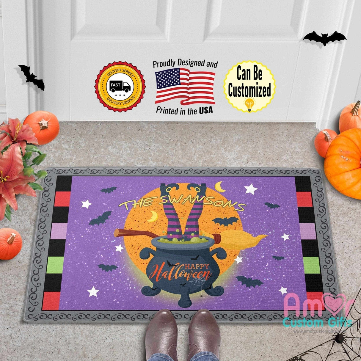 Door Mat Custom Witch Feet Halloween Doormat | Personalized Creepy Witch Character Doormats Happy Halloween