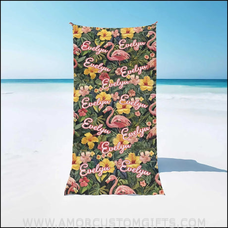 Towels Embroidered Flamingo Tropical Hawaii Flower Personalized Towel Kids Beach Towel, Girl Beach Towels, Name Ghibli Characters Bath Towels