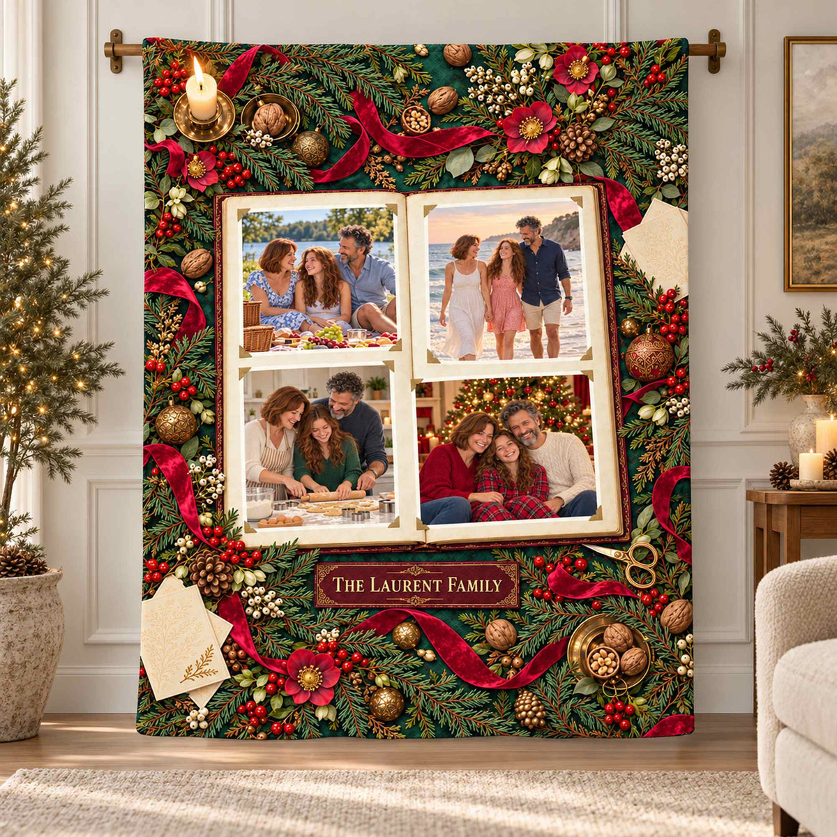 Personalized Evergreen Family Heirloom Album Photo Blanket - Custom Name Four Picture Christmas Fleece Throw, Botanical Keepsake Gift